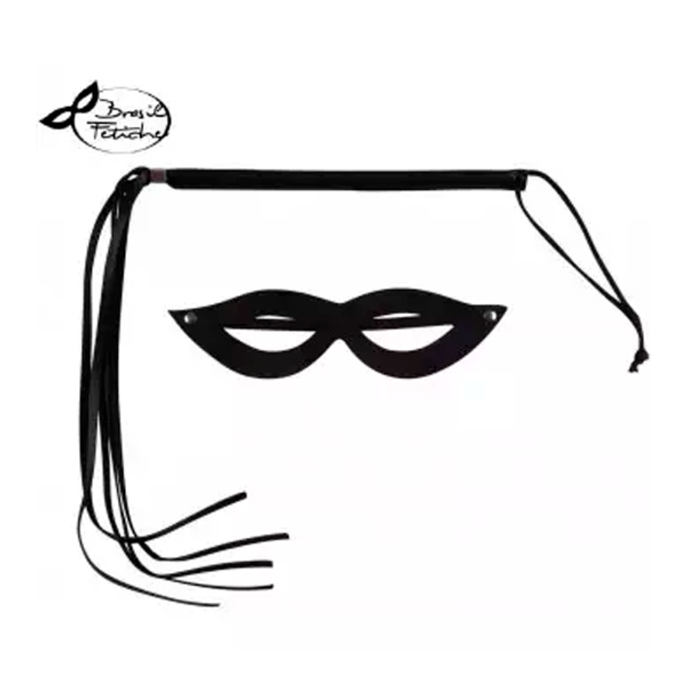 KIT DOMINATRIX MASCARA + CHICOTE EM TIRAS PRETO